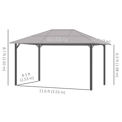 Abri de jardin Outsunny de 10 x 13 pi, auvent de jardin rigide avec cadre en aluminium et toit en polycarbonate, abri extérieur avec marquise de