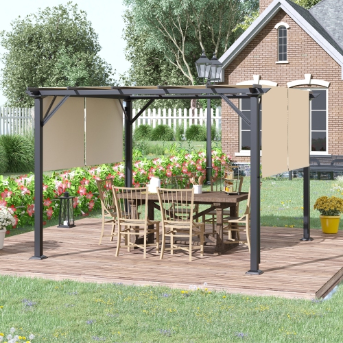 Toit de pergola rétractable de 10 x 12 pi d’Outsunny, abri de jardin avec auvent et cadre en acier, pour cour, jardin, patio, terrasse, Beige