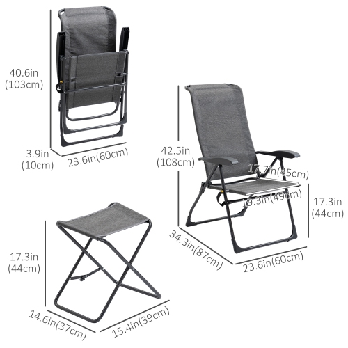 Outsunny Patio Lounge Chair Outdoor Lounger Recliner Folding Camping Chair with Footrest and Storage Pocket, Black Grey