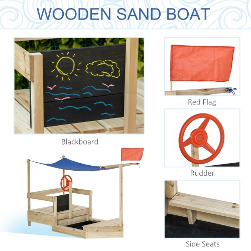Bac à sable en bois avec couvercle pour enfants Outsunny, bac à sable pliable, bateau pour enfants couverts extérieur, avec drapeau, doublure en bas,