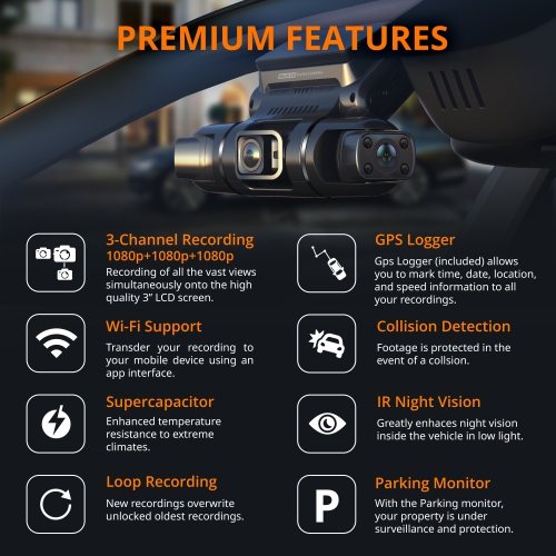 Rexing S3 3-Channel Dash Cam Front, Cabin, Sides