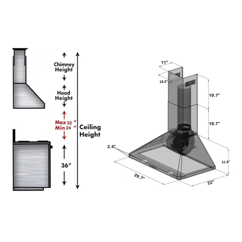 ROXON 900 CFM STAINLESS STEEL 30 Inches Range Hood Wall Mounted Kitchen Exhaust Fan Style RXN-W42AH-30