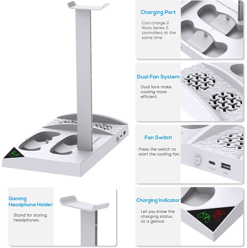 Charger Stand with Cooling Fan for Xbox Series S Console, Charging Dock -White