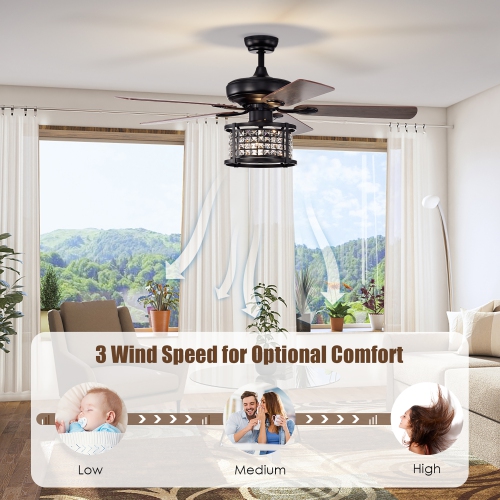 Costway 52" Ceiling Fan with Light Reversible Crystal Ceiling Fan Lamp W/Remote Control