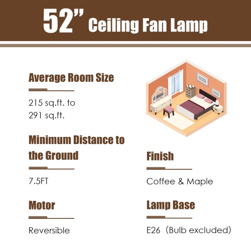 Costway 52" Ceiling Fan with Light Reversible Crystal Ceiling Fan Lamp W/Remote Control