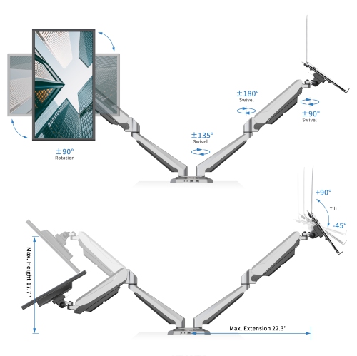 SHOPPINGALL Fully Adjustable Dual Gas Spring 2 in 1 Monitor & Laptop OR Dual Monitors Mount Stand for 15"-32" Monitors -SA-GM224U+D15 (SILVER) by SHOPPINGALL - Refurbished condition - Image 5