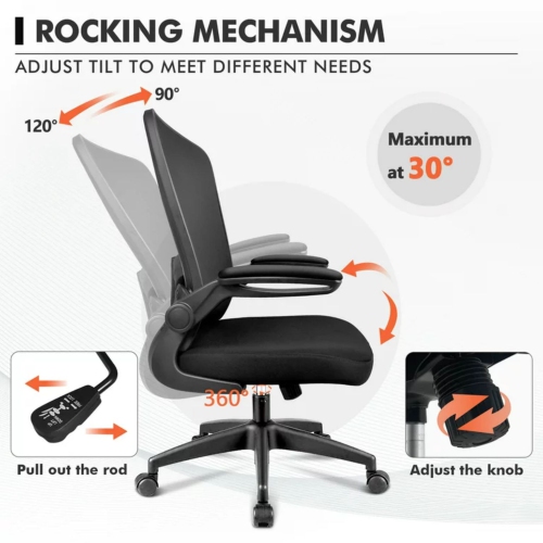 Fauteuil de bureau CoolHut - Chaise de bureau ergonomique avec soutien lombaire pivotant et accoudoirs rabattables - Noir