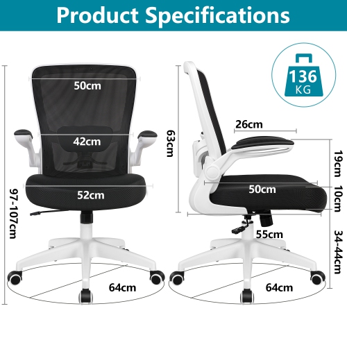 Fauteuil de bureau CoolHut - Chaise de bureau ergonomique avec soutien lombaire pivotant et accoudoirs rabattables - Noir