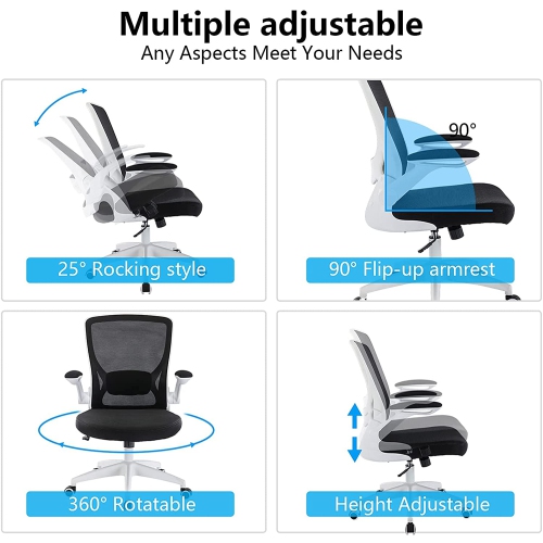 Chaise de bureau CoolHut - Fauteuil de bureau ajustable en filet respirable avec  accoudoirs rabattables - Blanc