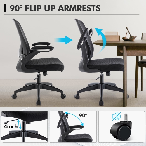 CoolHut Office Chair - Breathable Mesh Adjustable Desk Chair with Flip-up Arms - Black