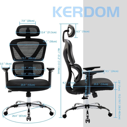 Fauteuil de bureau CoolHut à dossier haut et à hauteur réglable avec accoudoirs 3D - Noir - S