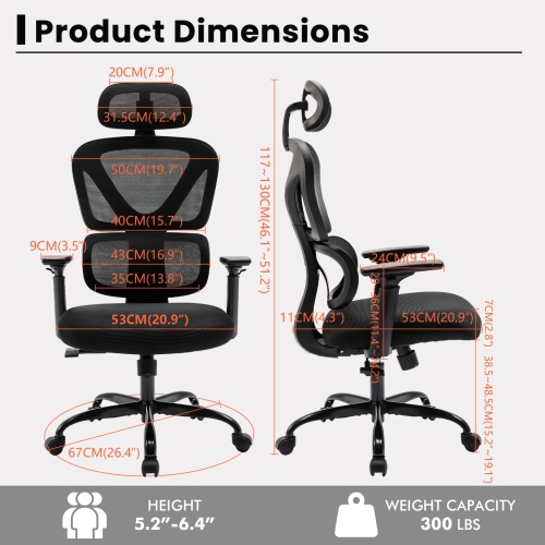 CoolHut Office Chair - Home Desk Chair, Comfy Breathable Mesh Task Chair, High Back Thick Cushion Computer Chair with Headrest and 3D Armrests,