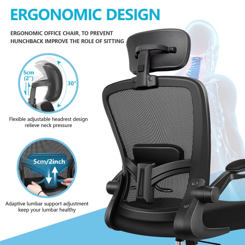 CoolHut Ergonomic Office Chair, Headrest Desk Chair with Adjustable Lumbar Support, Home Office Swivel Task Chair with High Back and Armrest,