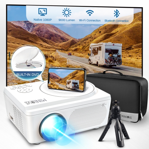 Mini projecteur Wi-Fi Bluetooth intégré lecteur DVD MINLOVE projecteur vidéo 1080p natif pour zoom extérieur et minuterie de veille compatible avec