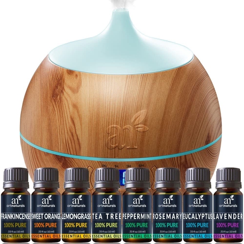 artnaturals Essential Oil and Bluetooth Diffuser Set - - Peppermint, Tee Tree, Lavender, & Eucalyptus - Auto Shut-Off – Therapeutic Grade