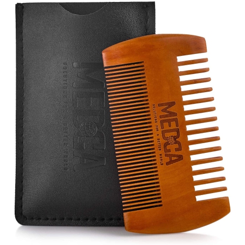 MEDCA  Wooden Beard Comb \w Leather Case - Handcrafted Solid Beechwood Beard, Mustache And Head Hair Pocket Combs for Men Dual Action Fine & Coarse