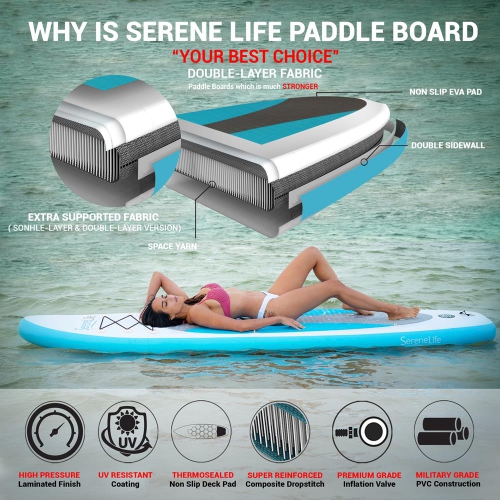 SereneLife Inflatable Stand Up Paddle Board with Premium SUP Accessories & Carry Bag | Wide Stance, Bottom Fin for Paddling, Surf Control, Non-Slip