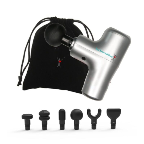 Feel Better Wellness - Prime Massage Gun with 6 Levels Speed up to 3200times/min, 6 Head Attachment allowing for 80mm deep muscle penetration, come with Drawstring Pocket - Silver