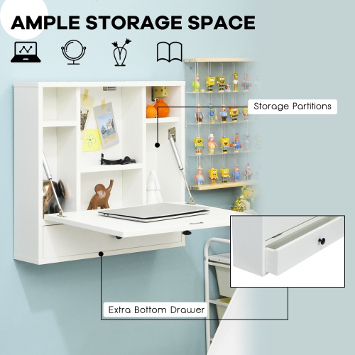 Topbuy Wall Mount Floating Desk Foldable Space Saving Laptop Workstation with Storage Drawer and Shelves Black/White