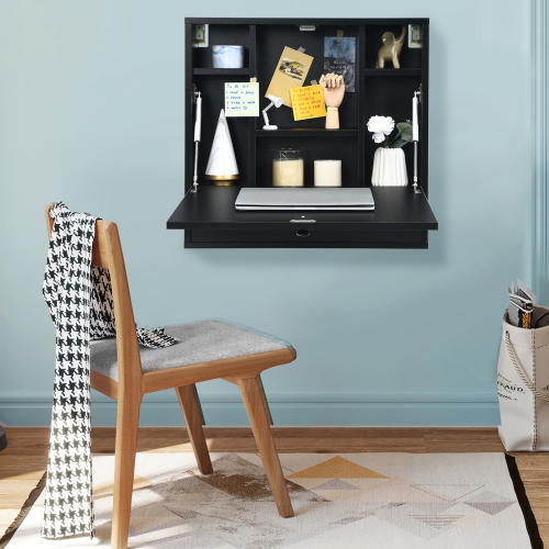 Topbuy Wall Mount Floating Desk Foldable Space Saving Laptop Workstation with Storage Drawer and Shelves Black/White