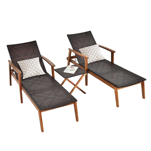 TOPBUY  Patiojoy 3PCs Chaise Lounge Set 4-Level Folding Chaise Lounge Adjustable Outdoor Beach With Wicker Side Table