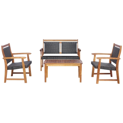TOPBUY  Patiojoy 4PCs Patio Rattan Furniture Set Cushioned Loveseat & Table Set W/acacia Wood Frame