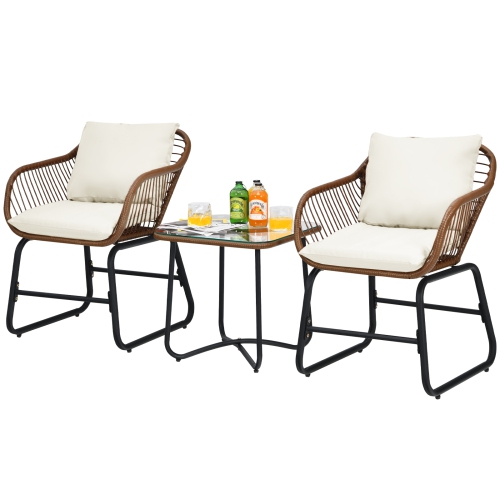 Patiojoy 3 Pieces Outdoor Furniture Set Patio Bistro Set w/2 Armchairs & Tempered Glass Table White/Turquoise/Red