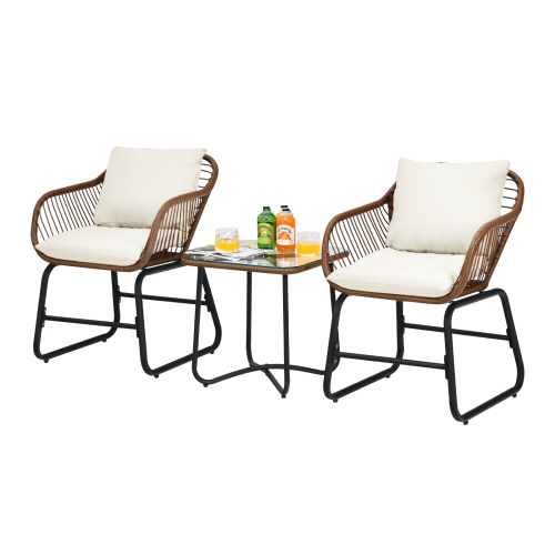 Patiojoy 3 Pieces Outdoor Furniture Set Patio Bistro Set w/2 Armchairs & Tempered Glass Table White/Turquoise/Red