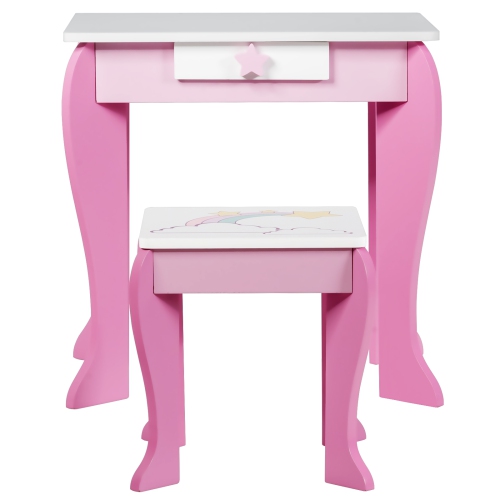 Topbuy 2-in-1 Kids Vanity Set Makeup Table & Chair Set for Toddlers w/Detachable Mirror Pink/White