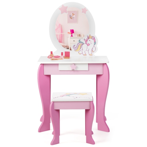 Topbuy 2-in-1 Kids Vanity Set Makeup Table & Chair Set for Toddlers w/Detachable Mirror Pink/White