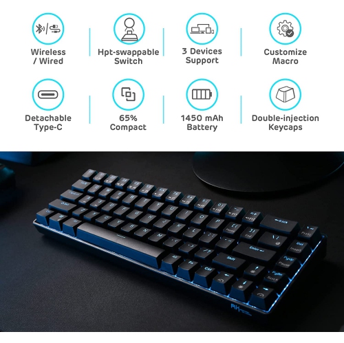 RK ROYAL KLUDGE RK68 Wireless Hot Swappable 65% Mechanical Keyboard, 60% 68 Keys Compact Bluetooth Gaming Keyboard with Stand-Alone Arrow/Control