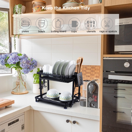 2-Tier Foldable Dish Rack, Drying Rack Organizer with Drain Board Utensil Holder for Kitchen Counter