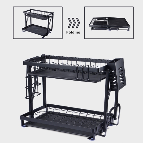 2-Tier Foldable Dish Rack, Drying Rack Organizer with Drain Board Utensil Holder for Kitchen Counter