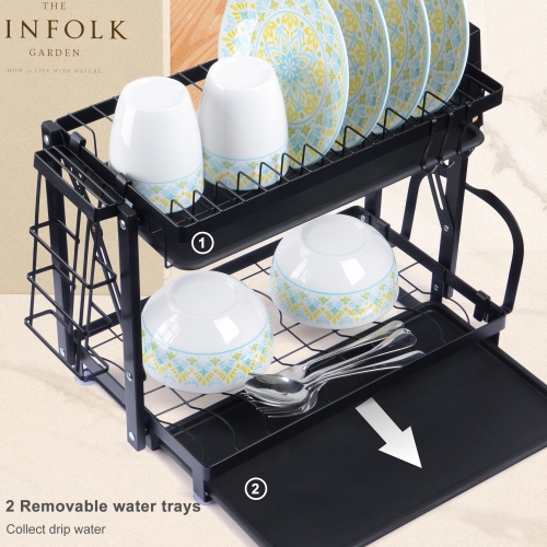 2-Tier Foldable Dish Rack, Drying Rack Organizer with Drain Board Utensil Holder for Kitchen Counter