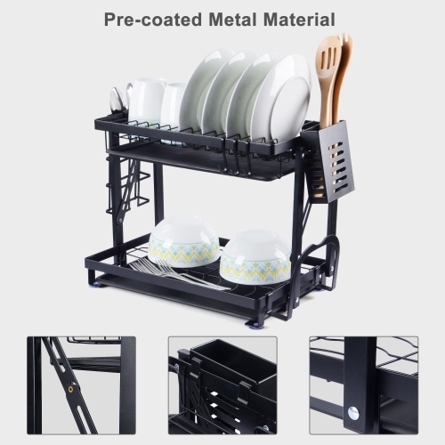 2-Tier Foldable Dish Rack, Drying Rack Organizer with Drain Board Utensil Holder for Kitchen Counter