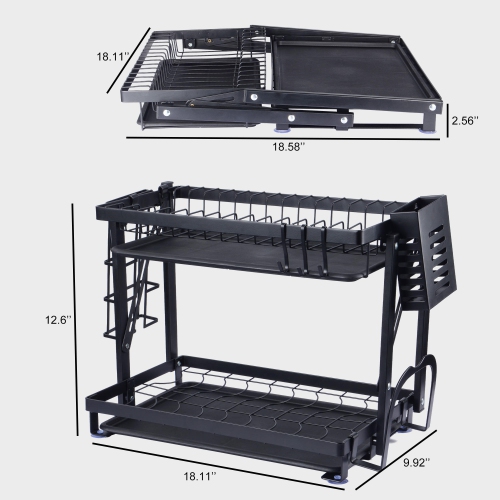 2-Tier Foldable Dish Rack, Drying Rack Organizer with Drain Board Utensil Holder for Kitchen Counter