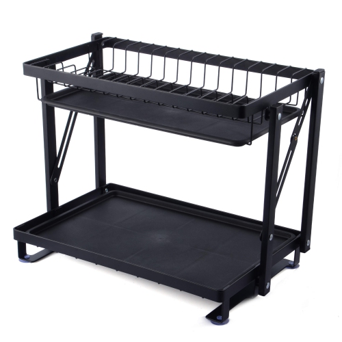 2-Tier Foldable Dish Rack, Drying Rack Organizer with Drain Board Utensil Holder for Kitchen Counter