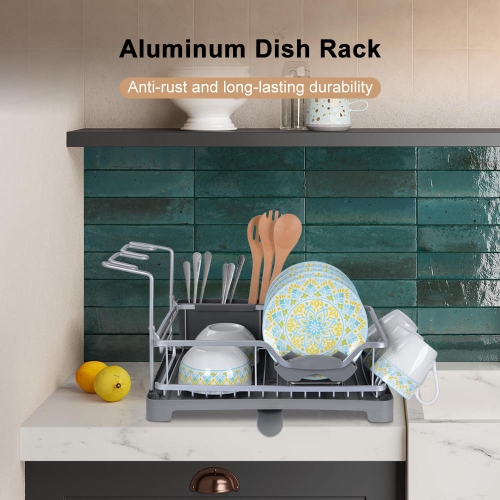 Aluminum Dish Drainer Rack Drying Holder, Kitchen Dish Rack Storage with Cutlery and Wine Glass Holder for Kitchen Counter Sink Dish