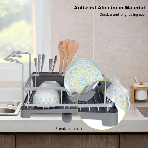 Aluminum Dish Drainer Rack Drying Holder, Kitchen Dish Rack Storage with Cutlery and Wine Glass Holder for Kitchen Counter Sink Dish