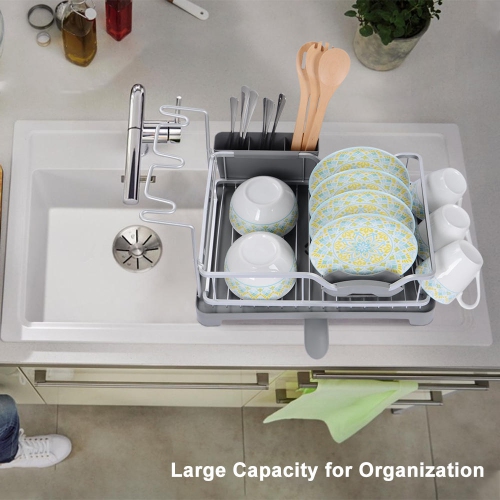 Aluminum Dish Drainer Rack Drying Holder, Kitchen Dish Rack Storage with Cutlery and Wine Glass Holder for Kitchen Counter Sink Dish