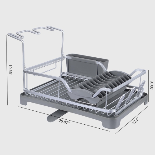 Aluminum Dish Drainer Rack Drying Holder, Kitchen Dish Rack Storage with Cutlery and Wine Glass Holder for Kitchen Counter Sink Dish