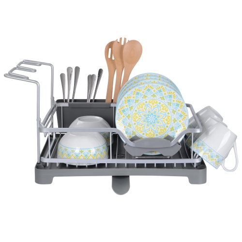 Aluminum Dish Drainer Rack Drying Holder, Kitchen Dish Rack Storage with Cutlery and Wine Glass Holder for Kitchen Counter Sink Dish