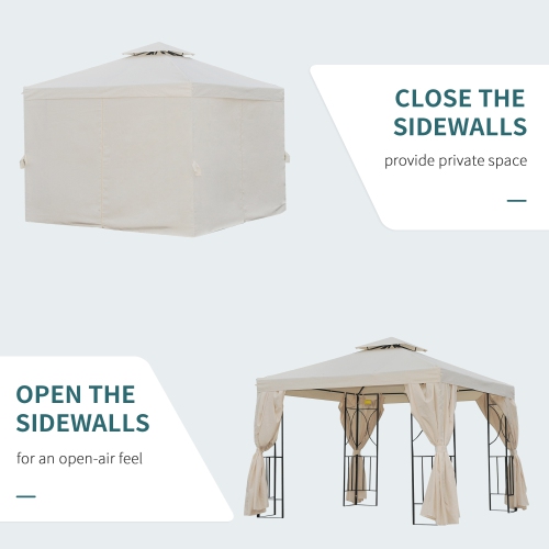 Outsunny 10' x 10' Patio Gazebo Outdoor, Canopy Shelter with Double-tier Roof, Pavilion Sidewalls for Garden Events, Cream White