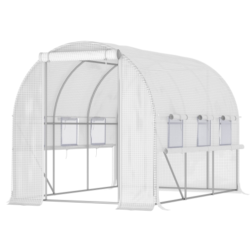 Outsunny 10' x 6.6' x 6.6' Walk-in Tunnel Greenhouse PE Cover, Zipper Doors Roll-up side cover& Mesh Windows, White