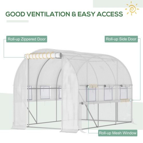 Outsunny 10' x 6.6' x 6.6' Walk-in Tunnel Greenhouse PE Cover, Zipper Doors Roll-up side cover& Mesh Windows, White