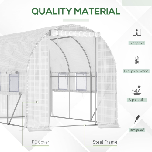 Outsunny 10' x 6.6' x 6.6' Walk-in Tunnel Greenhouse PE Cover, Zipper Doors Roll-up side cover& Mesh Windows, White