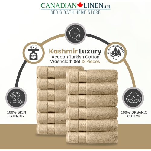 Canadian Linen Luxury Washcloths Set, 12 Pieces Face Towels 12"x12" 475 GSM Aegean Turkish Cotton Bathroom Towels Soft Absorbent Face Cloth