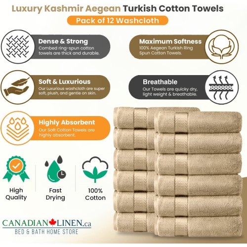 Canadian Linen Luxury Washcloths Set, 12 Pieces Face Towels 12"x12" 475 GSM Aegean Turkish Cotton Bathroom Towels Soft Absorbent Face Cloth