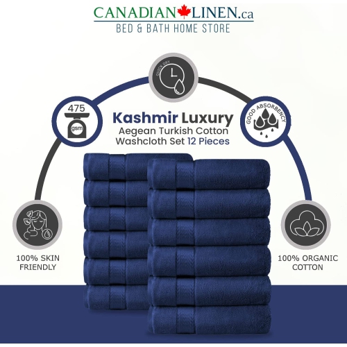 Canadian Linen Luxury Washcloths Set, 12 Pieces Face Towels 12"x12" 475 GSM Aegean Turkish Cotton Bathroom Towels Soft Absorbent Face Cloth