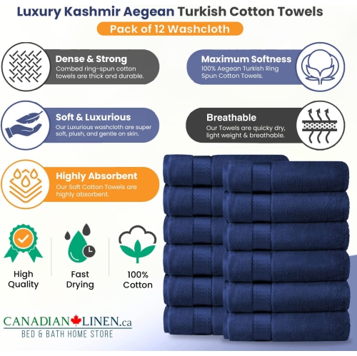 Canadian Linen Luxury Washcloths Set, 12 Pieces Face Towels 12"x12" 475 GSM Aegean Turkish Cotton Bathroom Towels Soft Absorbent Face Cloth